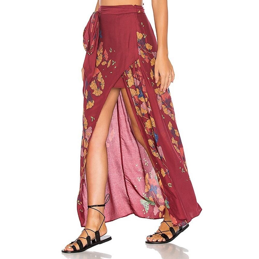 Floral Print Burgundy Wrap Maxi Skirt